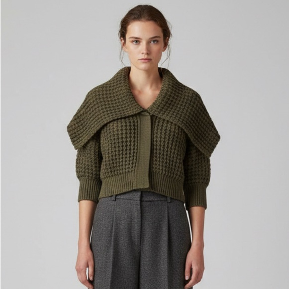 🇮🇹 Stella McCartney Olive Wool Alapca Cropped Short Sleeve Sweater Shawl S